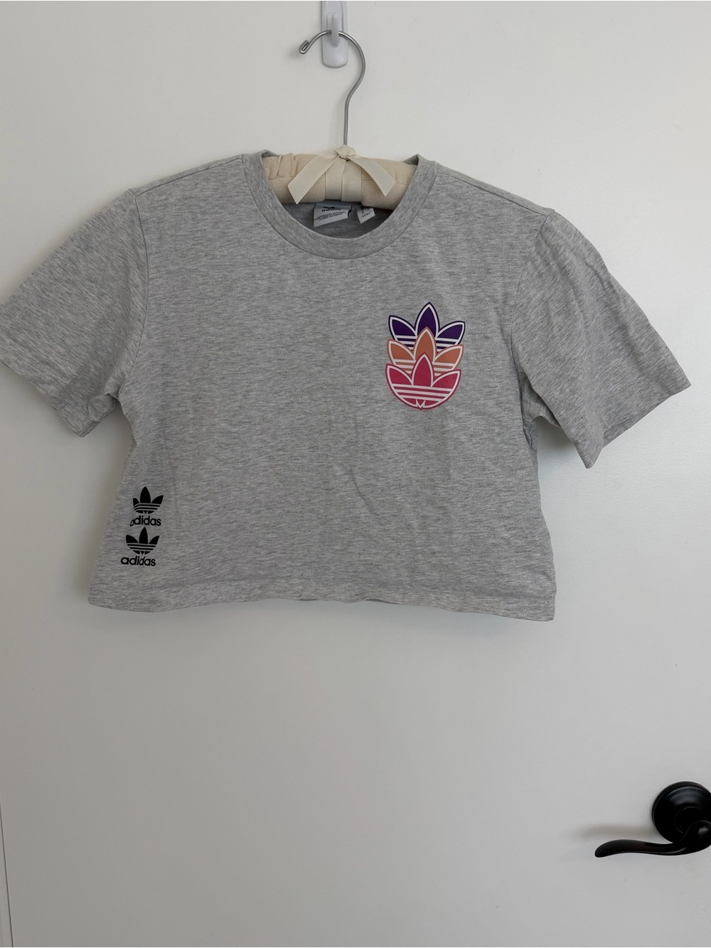 Adidas Logo Play Cropped Tee in Gray with Multi-Color Logo (Size Small)